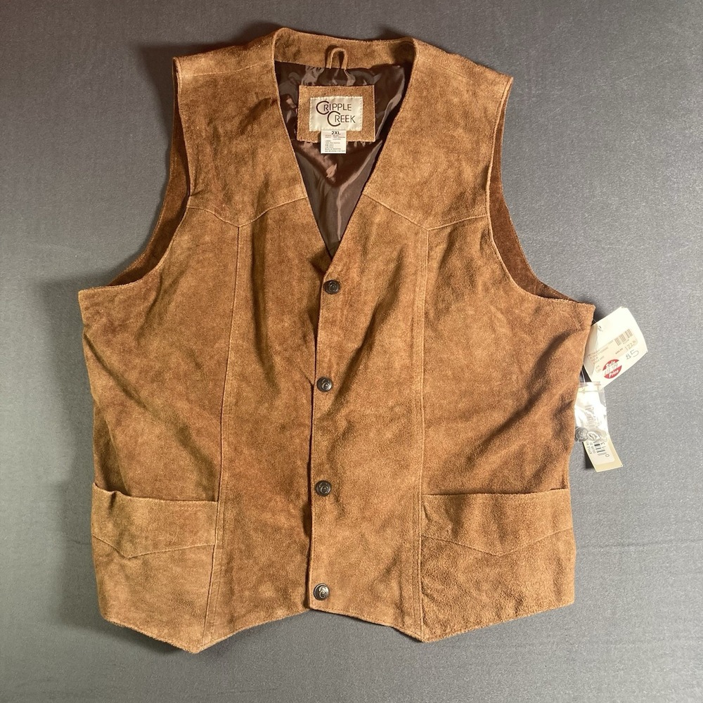 NWT Cripple Creek Men's Suede Brown Leather Vest Size 2XL Western Cowboy Snap